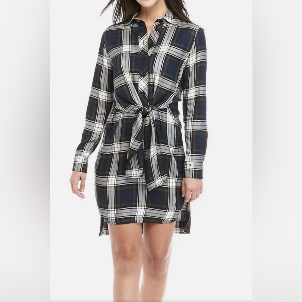 TOMMY HILFIGER PLAID URBAN FOLKLORE BUTTON TIE FRONT SHIRT NAVY DRESS